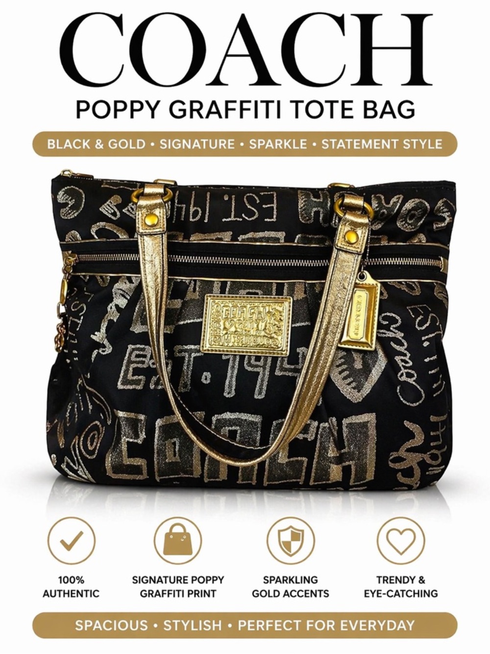 Rare Coach Poppy Graffiti Tote Black Gold 2010 Style 15301 Y2K